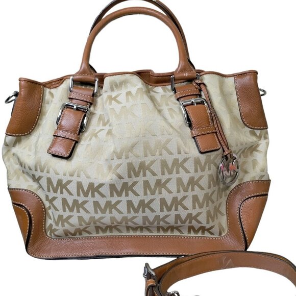 (786) Michael Kors Beige/Brown Canvas & Leather Large Brookville Tote - Picture 1 of 16